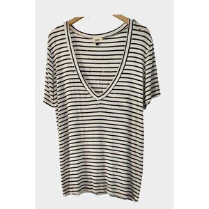 BKE Deep V Neck Navy Blue White Striped Distressed Short Sleeve Shirt Top Large